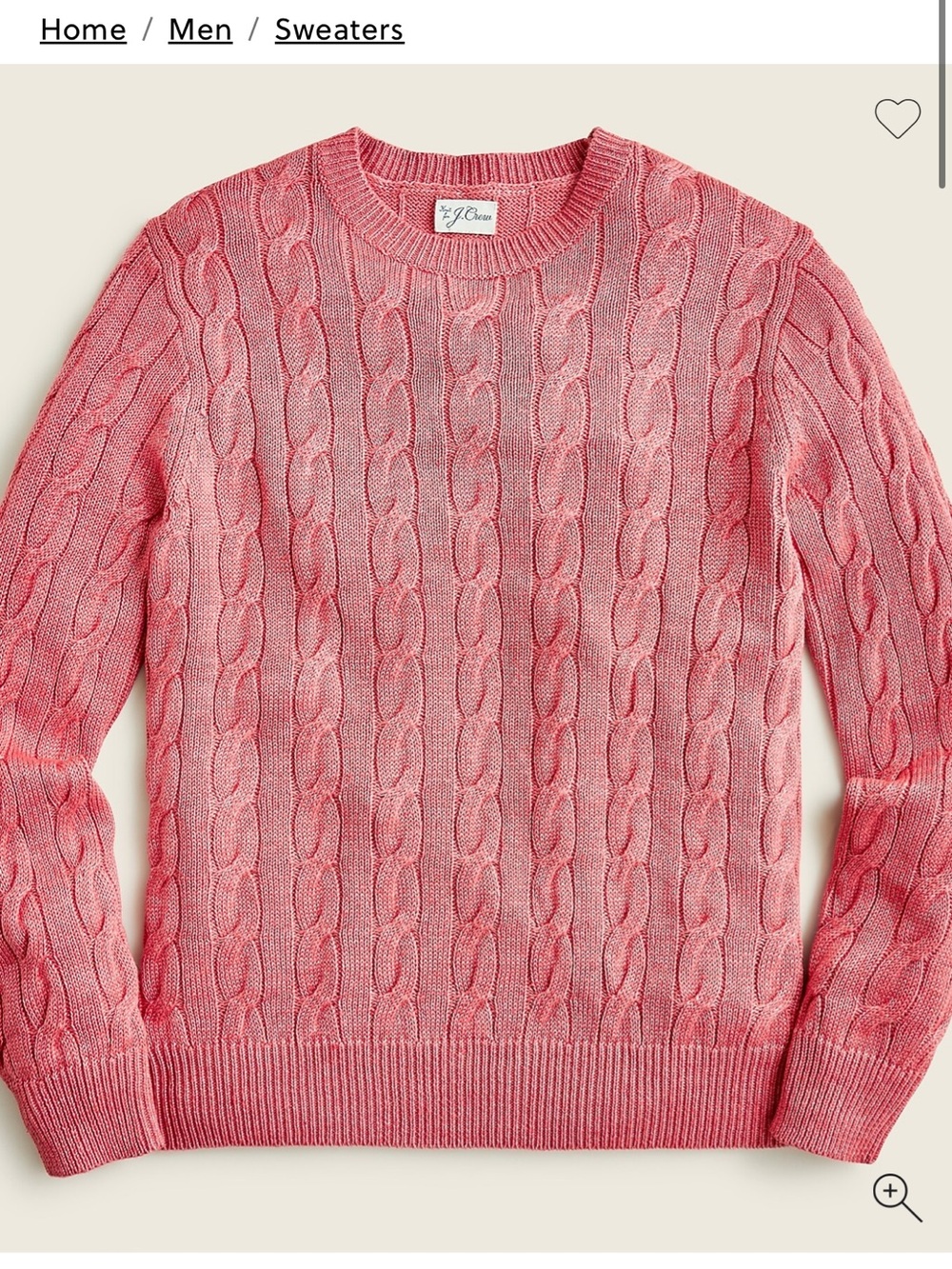 J. Crew Men's Pink Cable-Knit Crewneck Sweater